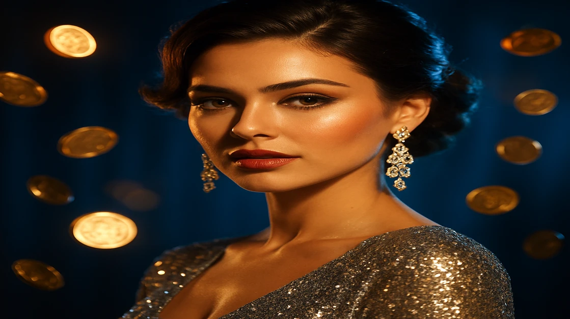 উজ্জ্বল পোশাক পরিহিত এক মোহময়ী নারী, ভাসমান সোনালি মুদ্রা ও a777bd গেমিং প্ল্যাটফর্ম-থিমযুক্ত জ্বলন্ত পটভূমির সামনে দাঁড়ায়।